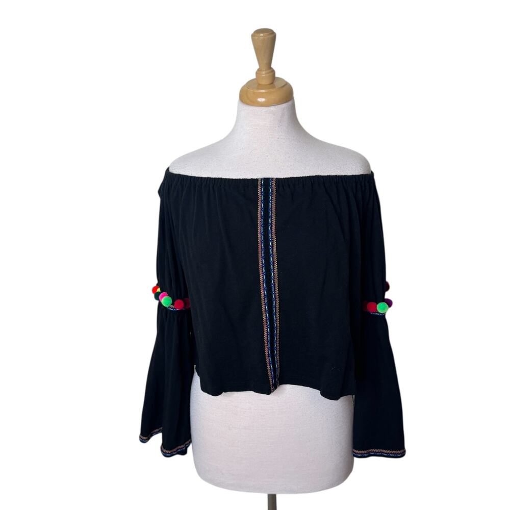 PITUSA  Off The Shoulder Pom Pom Bell Sleeve Swim Cover Up Shirt One Size